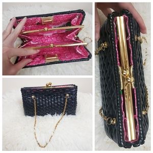 Lilly Pulitzer Black Wicker Gold Satchel Clutch
